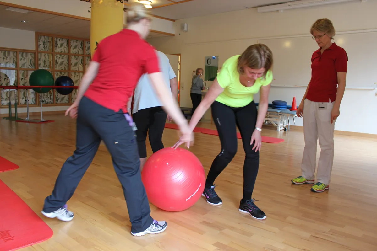 Personer tränar med yogaboll.