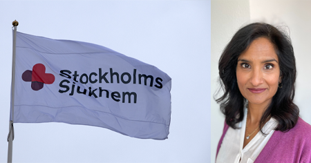 Bild 1: Stockholms Sjukhems flagga. Bild 2: Kvinna tittar in i kameran.