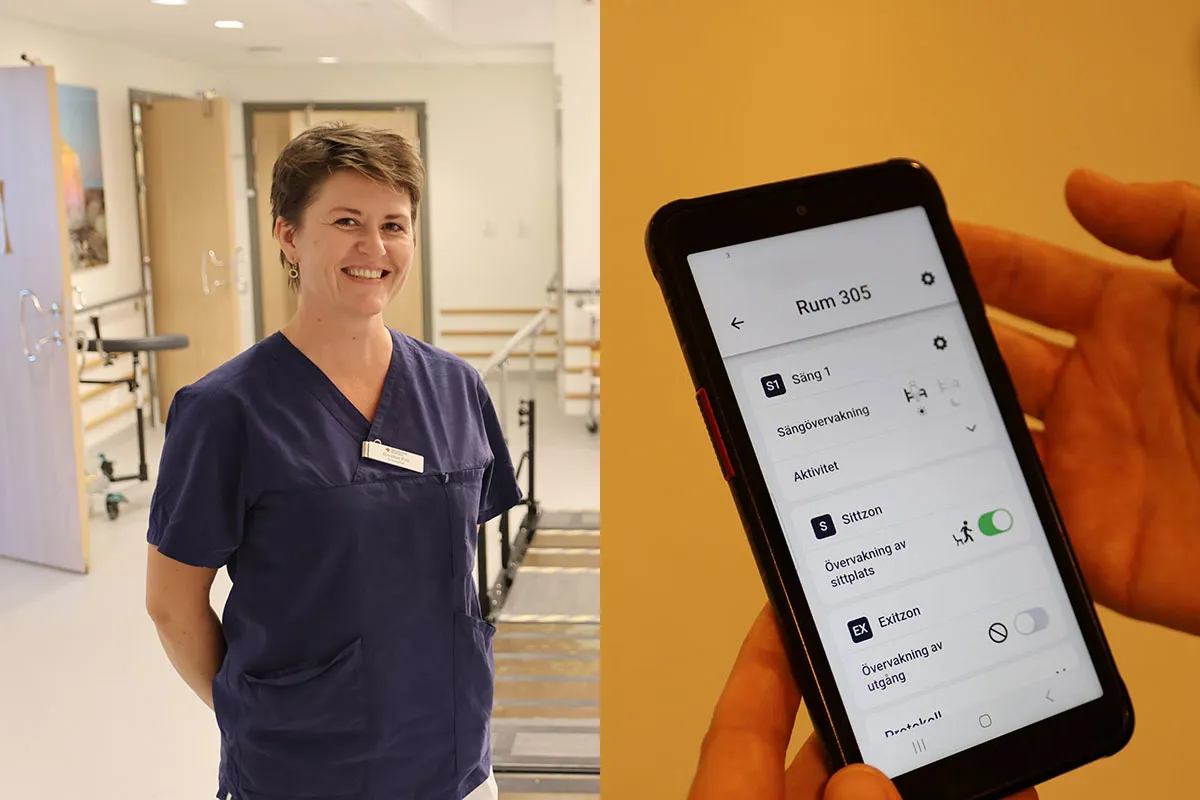 Elisabet Föll, enhetschef vid geriatriken på Kungsholmen. Sensorer i taket patientrummen registrerar patienters rörelser och skickar larm direkt till personalens mobiler och till varningssystem i avdelnings korridorer.