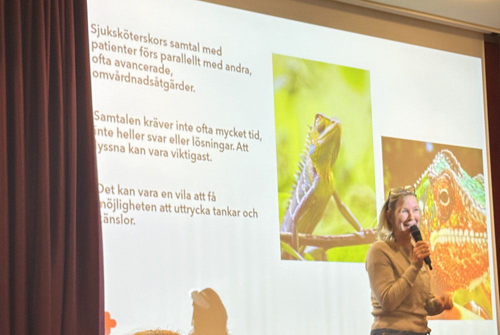 Anette Alvariza, specialistsjuksköterska och professor i palliativ vård, berättade om ”Sjuksköterskans viktiga samtal”. Samtalet är en viktig del i omvårdnaden och kan kräva mod men samtidigt försiktighet. Att använda personliga erfarenheter och växla mellan att vara professionell och privat kan vara effektivt. En del i att lyssna är att vara närvarande och verkligen se individen. Det krävs ibland att sjuksköterskan lyssnar under tystnad och inte alltid kommer med lösningar och svar även om det är utmanande att våga vara tyst.