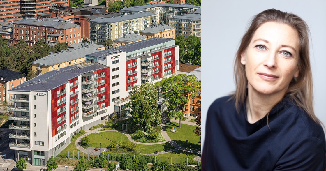 Flygbild på ett flerbostadshus till vänster och porträtt av en kvinna med långt hår till höger.