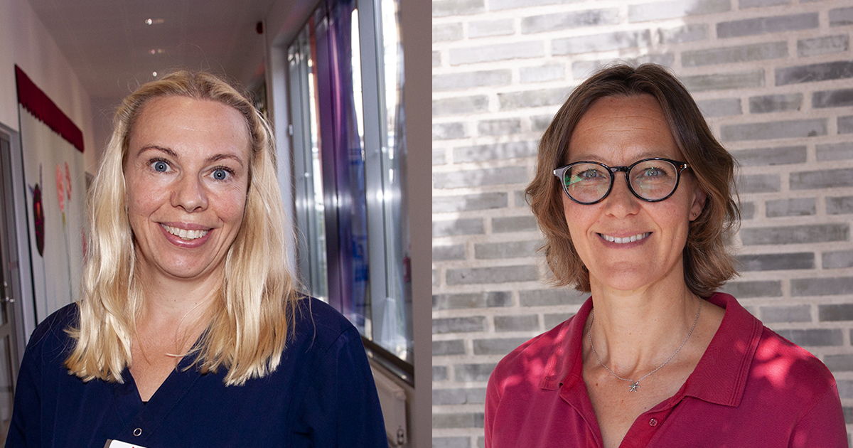 Två kvinnor ler mot kameran, en med blont hår inomhus, en med glasögon utomhus mot tegelvägg.