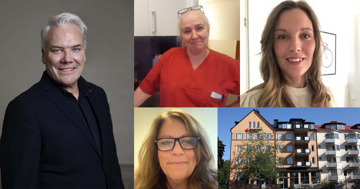 Fem porträtt av personer och en bild på ett flerfamiljshus i collage.