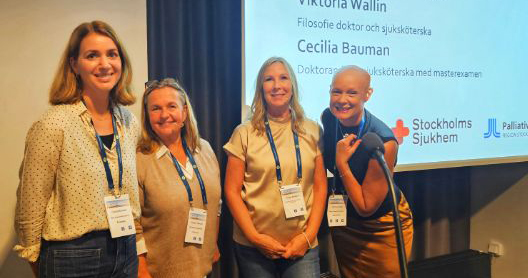 Kunskapsspridare. Från vänster Cecilia Bauman, doktorand och sjuksköterska med masterexamen, Birgitta Wiklund, specialistsjuksköterska, Anette Alvariza, professor i palliativ vård och Viktoria Wallin, filosofie doktor och sjuksköterksa.
