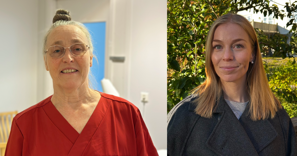 Två kvinnor i porträtt, en äldre i röd tröja inomhus och en yngre med blont hår utomhus bland gröna blad.
