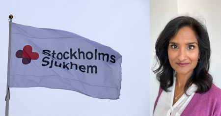 Bild 1: Stockholms Sjukhems flagga. Bild 2: Madhuri, etikrådsordförande på Stockholms Sjukhem, tittar in i kameran.