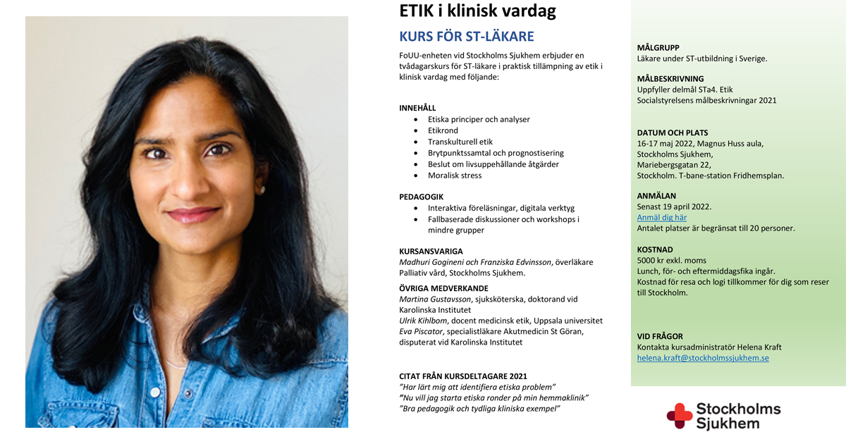 Kvinna med långt mörkt hår i jeansskjorta bredvid information om en kurs i klinisk etik för ST-läkare från Stockholms Sjukhem.