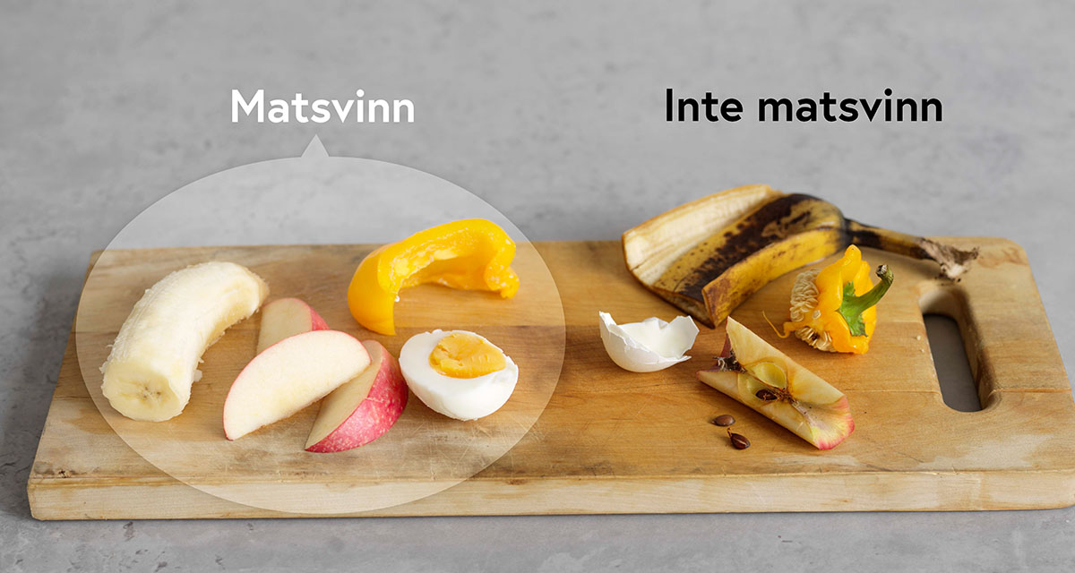 Skärbräda med ätbar mat till vänster ("Matsvinn") och matavfall till höger ("Inte matsvinn").