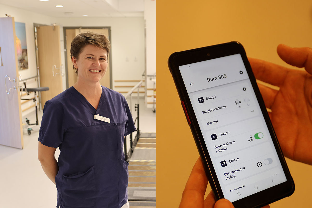 Sjuksköterska ler i en korridor, bredvid en närbild av en hand som håller en mobil med en vårdapp öppen.