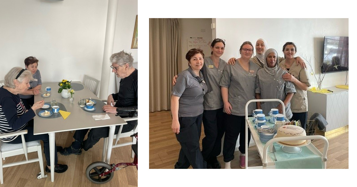 Samling sjuksköterskor och seniorer äter tårta tillsammans.