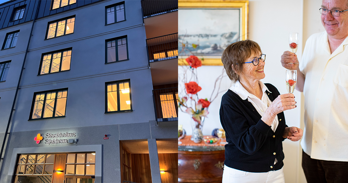 Fasad av Stockholms Sjukhems äldreboende Nyckelharpan och två äldre personer som skålar med champagneglas inomhus.