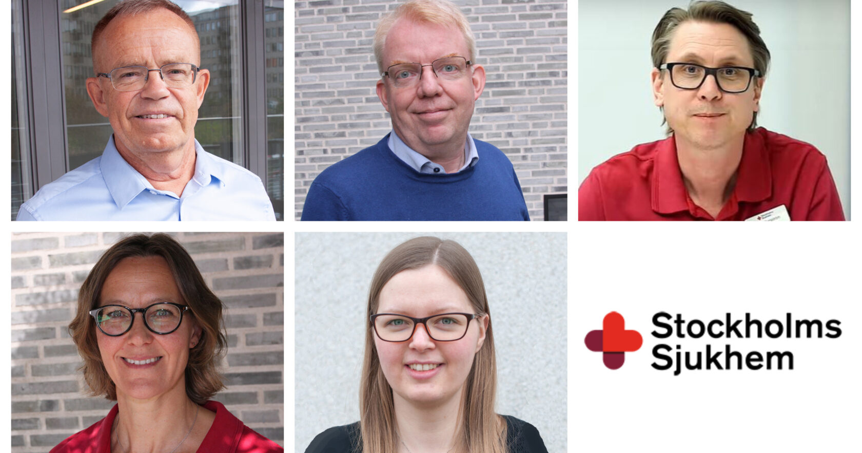 Fem personer med glasögon och Stockholms Sjukhems logotyp på vit bakgrund.