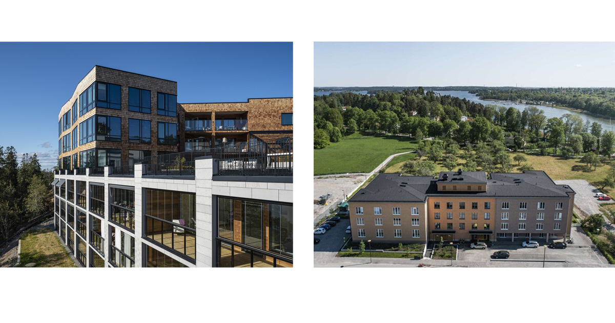 Fasad på två stora vackra byggnader; äldreboendena Graninge Strand i Nacka och Näsby Slottspark i Täby.