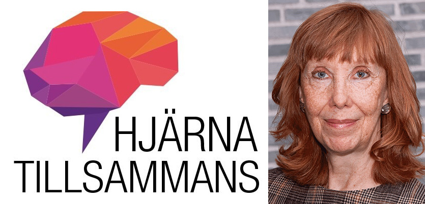 Färgstark hjärnillustration med texten "Hjärna tillsammans" och porträtt av kvinna med rött hår.