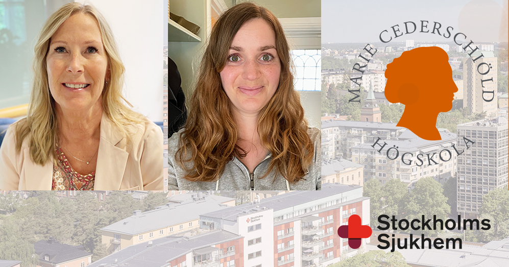 Två kvinnor porträtterade samt logotyper för Marie Cederschiöld högskola och Stockholms Sjukhem i bakgrunden.