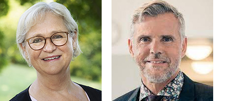 Porträtt av en leende kvinna med glasögon och en leende man i kostym, två personer mot olika bakgrunder.