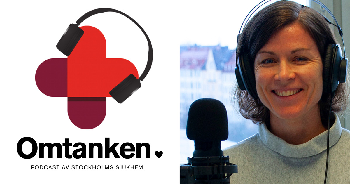 Delad bild: Vänster, logotyp för podden Omtanken. Höger, kvinna med hörlurar vid mikrofon.