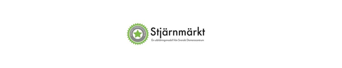 Logotyp med grön stjärna och texten "Stjärnmärkt" och "En utbildningsmodell från Svenskt Demenscentrum".