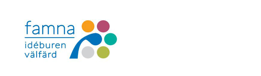Logotyp för Famna idéburen välfärd med färgglada cirklar och blå text på vit bakgrund.