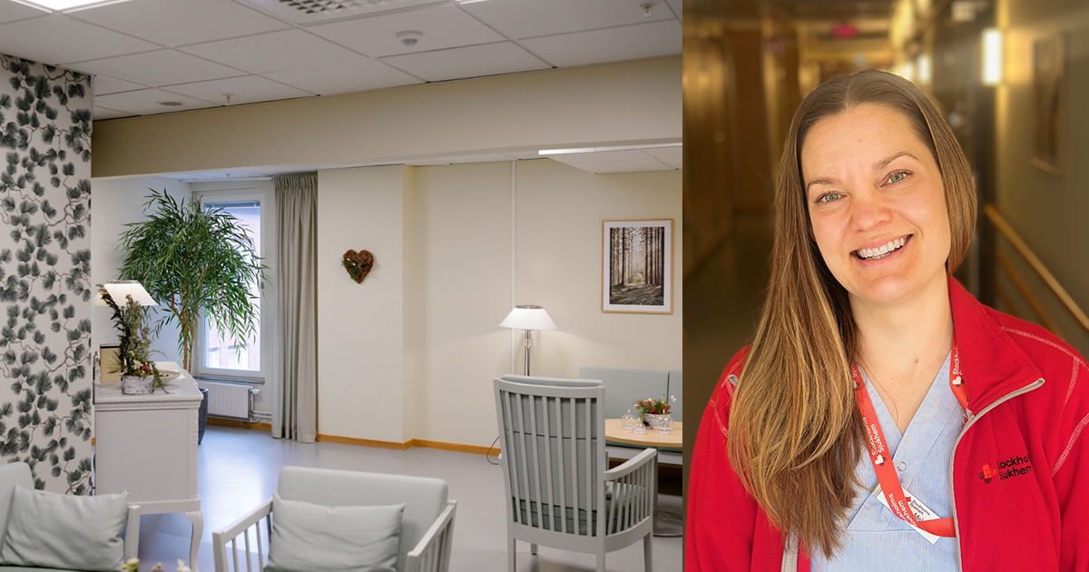 Vänster: ljust och hemtrevligt rum med möbler, växt och tavla. Höger: leende kvinna i röd arbetsjacka.