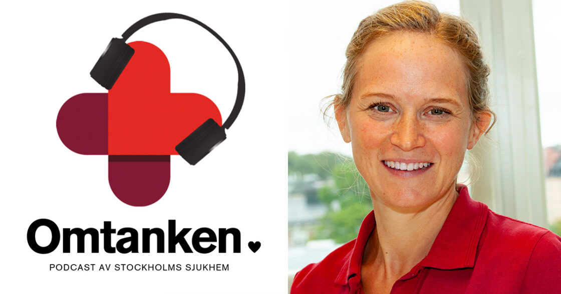 Delad bild: vänster sida är logga för "Omtanken" podcast, höger sida en kvinna i röd tröja som ler.