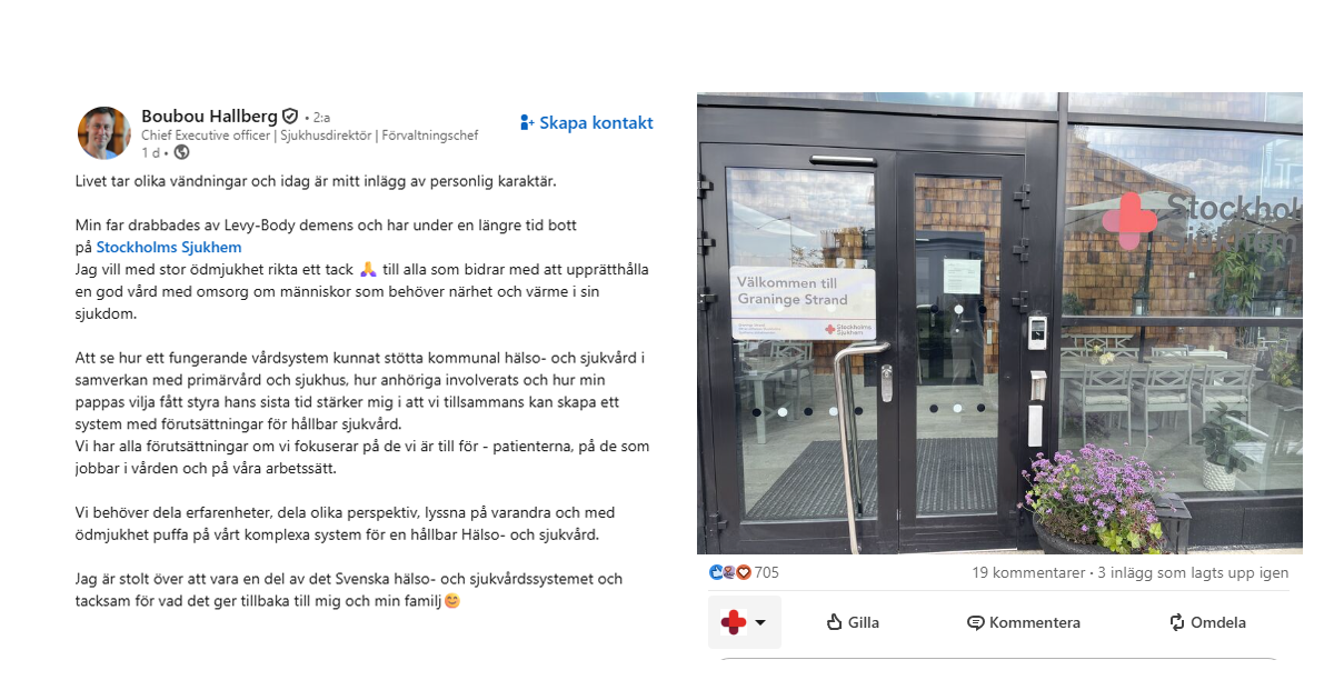 Entrédörr till Stockholms Sjukhem Graninge Strand med en välkomstskylt och blomkruka utanför.