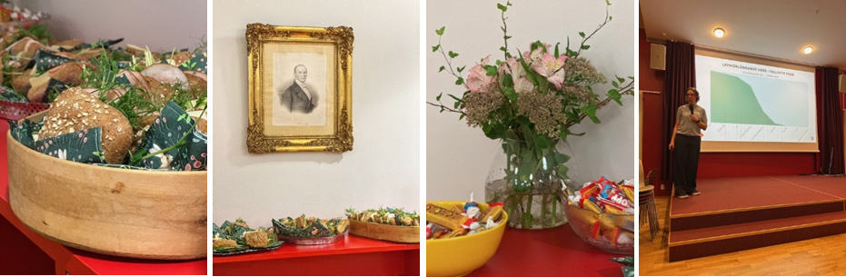 Fyra bilder: brödsmörgåsar, gammalt porträtt på vägg, blombukett med godisskålar, och person som håller presentation.
