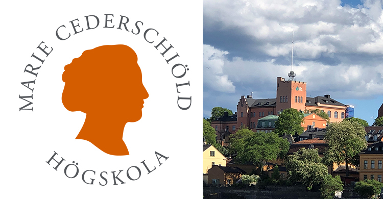 Marie Cederschiöld Högskolas logotyp samt en byggnad med träd i förgrunden under en molnig himmel.