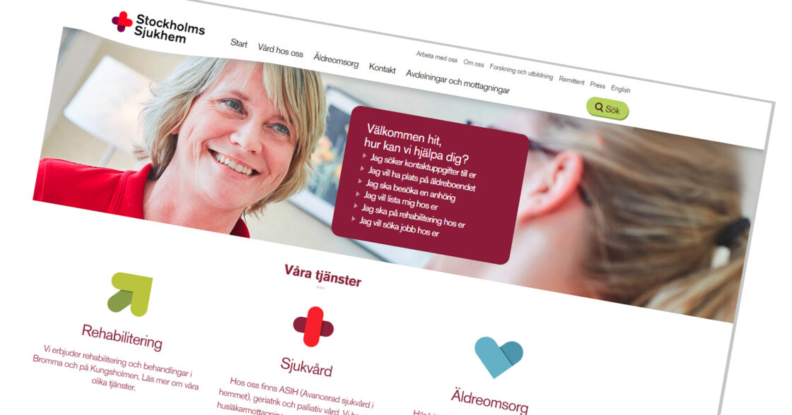 Skärmdump av Stockholms Sjukhems webbplats med meny, logotyp och information om vårdtjänster.