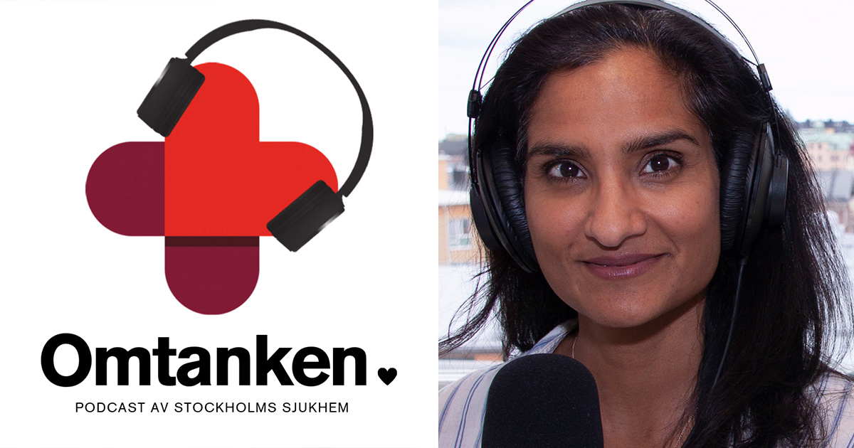 Delad bild: logotyp för Omtanken-podcasten och kvinna med hörlurar framför mikrofon.