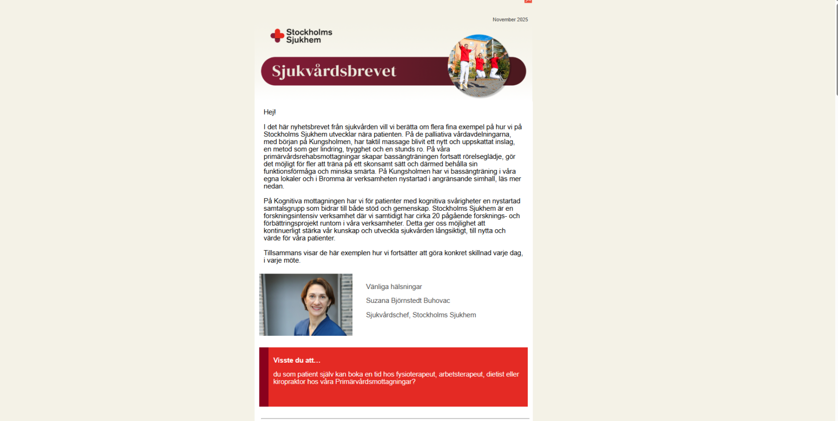 Nyhetsbrev från Stockholms Sjukhem med text, logotyp, ett porträttfoto och en informationsruta.