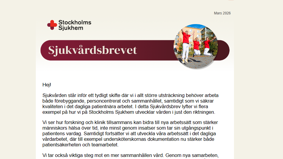 Stockholms Sjukhem-nyhetsbrev med rubriken "Sjukvårdsbrevet" och en bild på hoppande personer utomhus.