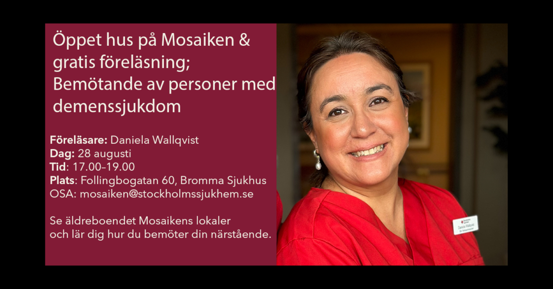 Leende kvinna i röd tröja bredvid text om föreläsning om demens på Mosaiken, Bromma Sjukhus, 28 augusti.