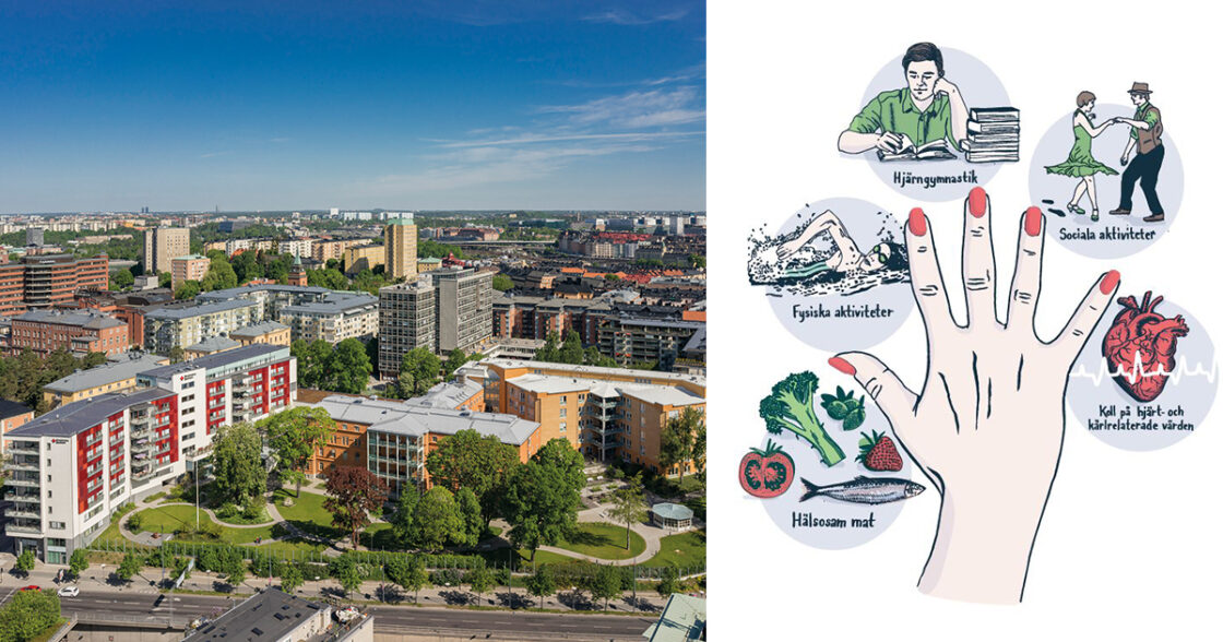 Stadsbild med bostadshus till vänster, illustration om hälsa och aktiviteter för äldre till höger.