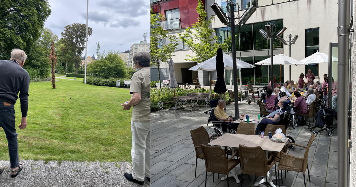 Två bilder: äldre personer spelar boule på en gräsmatta och sitter samlade på en uteservering vid ett äldreboende.